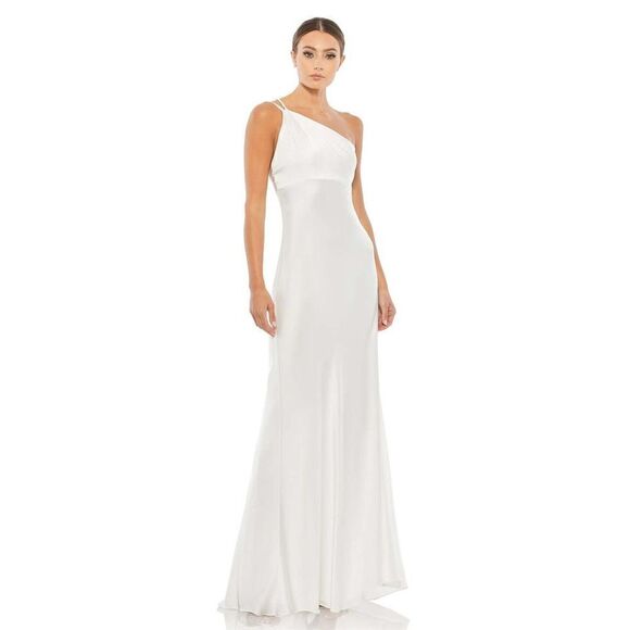 NWT MAC DUGGAL LEENA ONE SHOULDER DOUBLE STRAP WHITE SATIN GOWN US 8 $298 - Picture 1 of 11